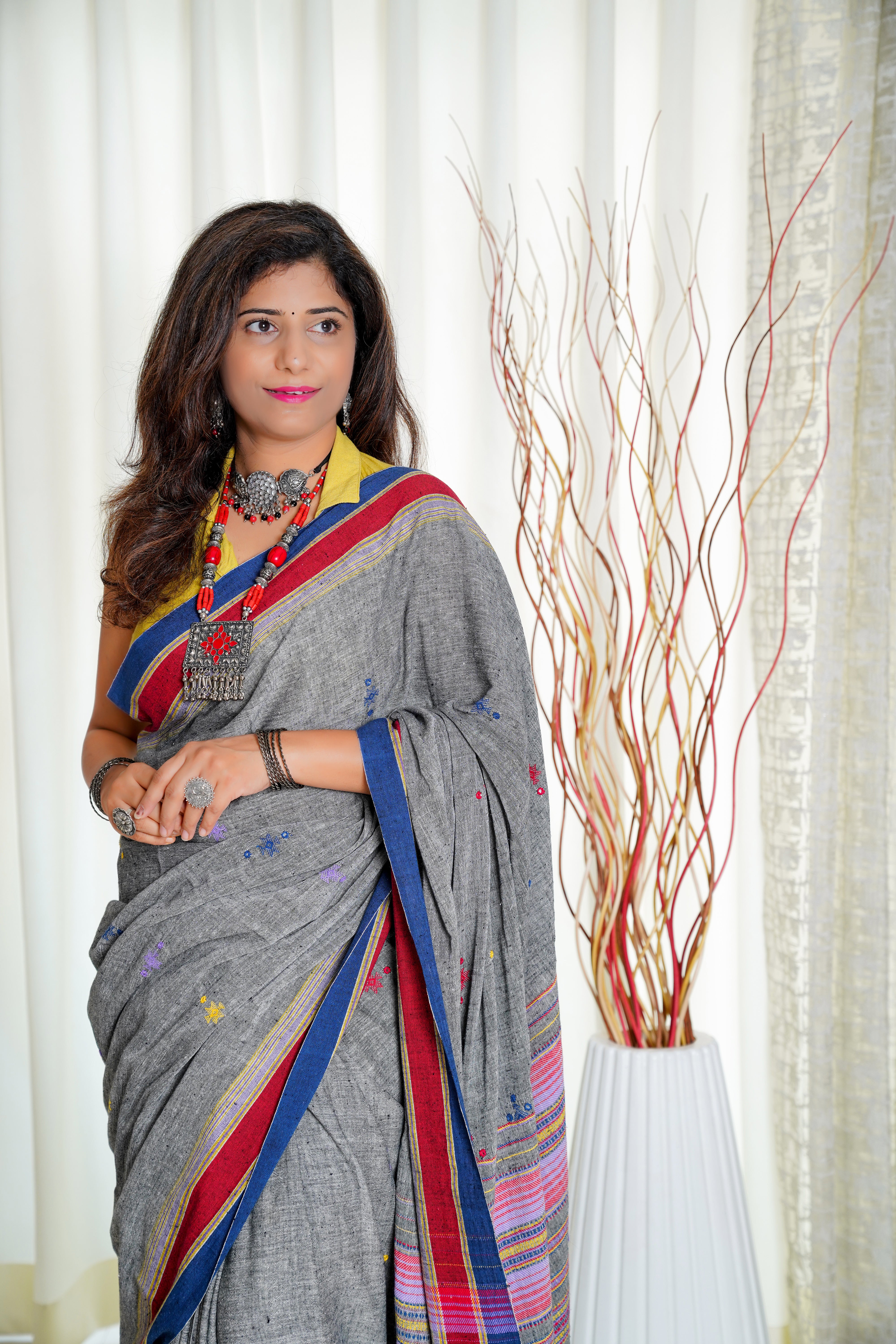 Kala Cotton Bhujodi Saree - Grey