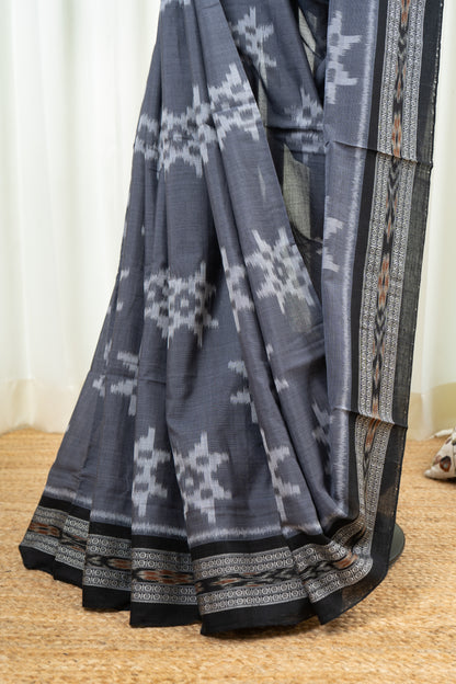 Odisha Handloom Single Ikkat Cotton Saree-Grey