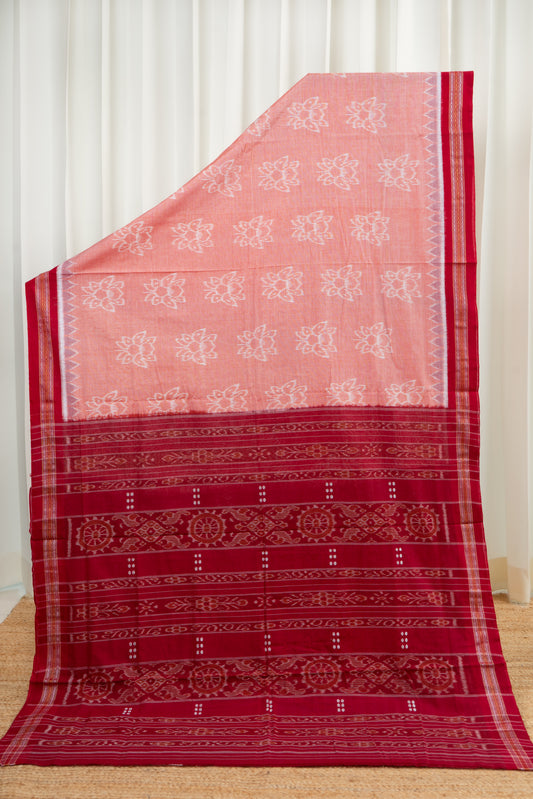 Odisha Ikkat Lotus Motif Cotton Saree- Peach and Red
