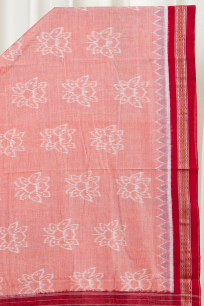 Odisha Ikkat Lotus Motif Cotton Saree- Peach and Red