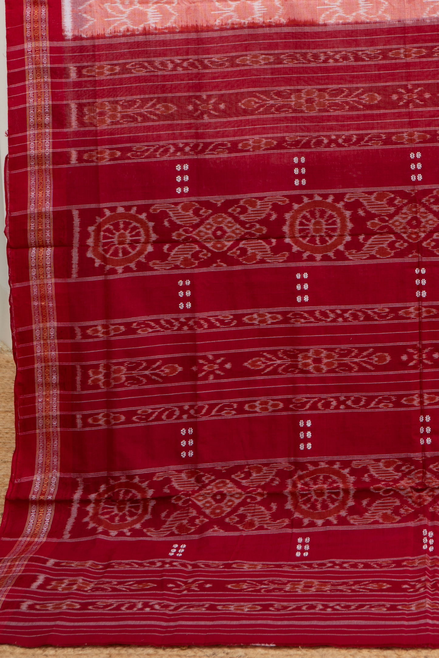 Odisha Ikkat Lotus Motif Cotton Saree- Peach and Red