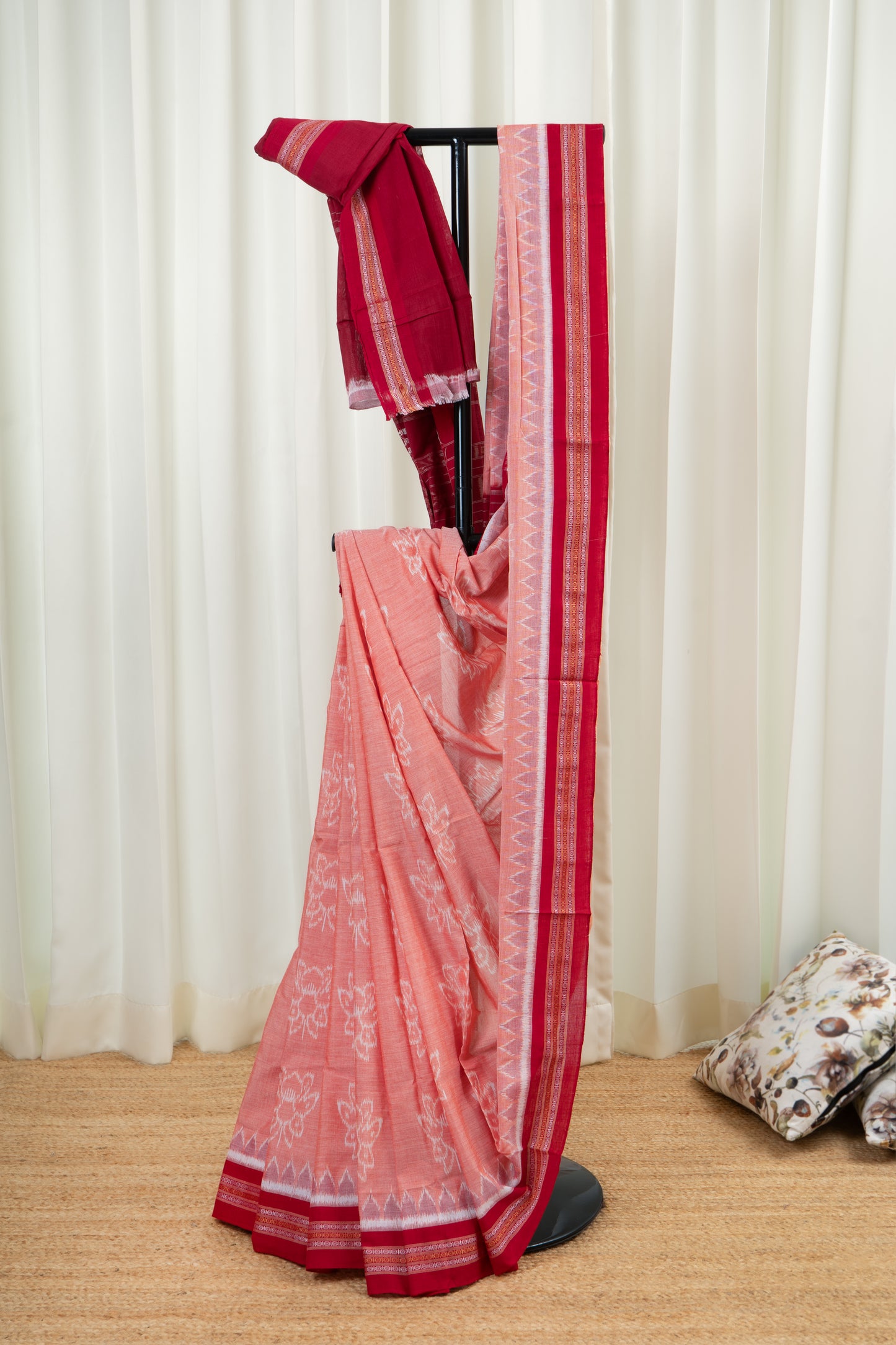 Odisha Ikkat Lotus Motif Cotton Saree- Peach and Red