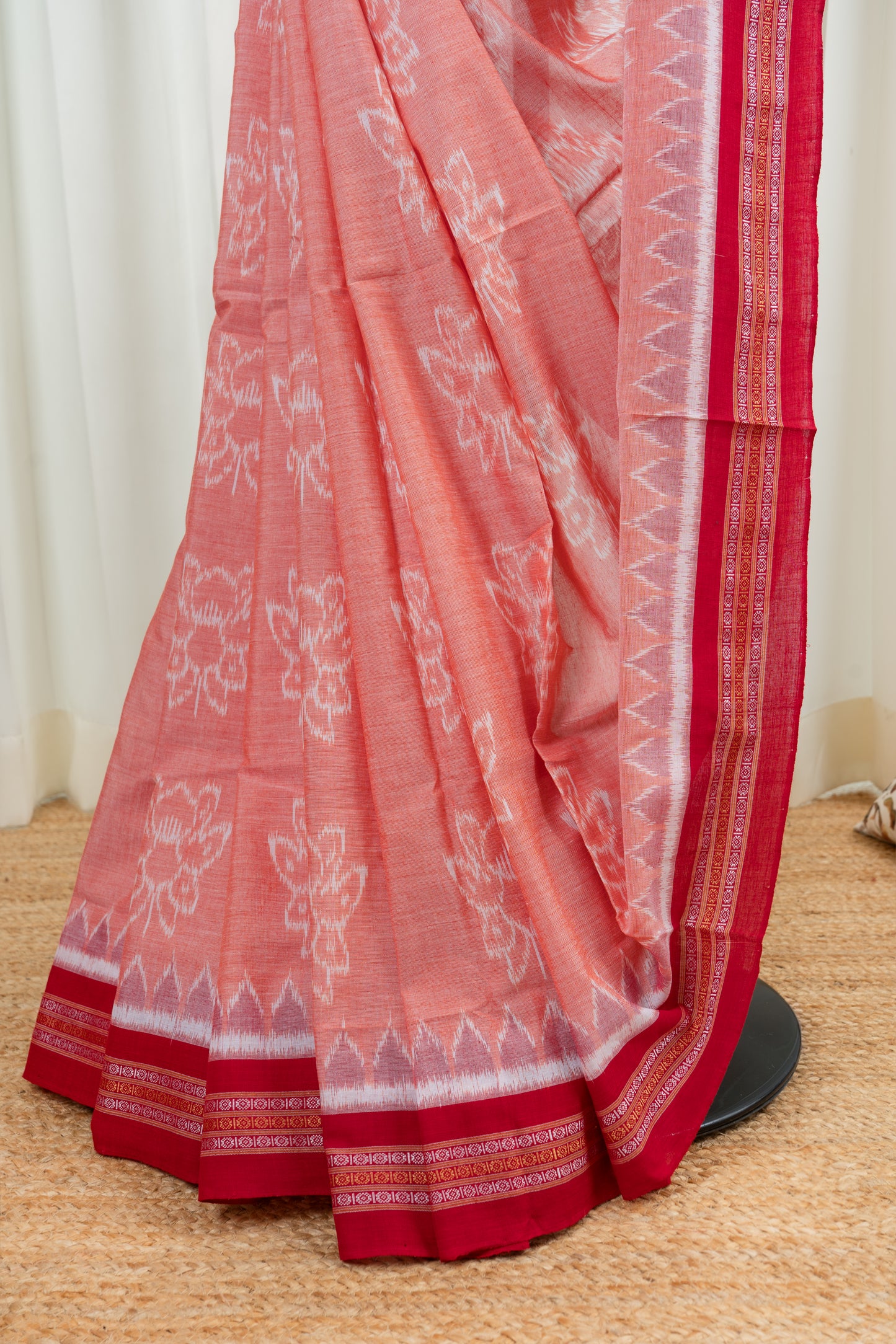Odisha Ikkat Lotus Motif Cotton Saree- Peach and Red
