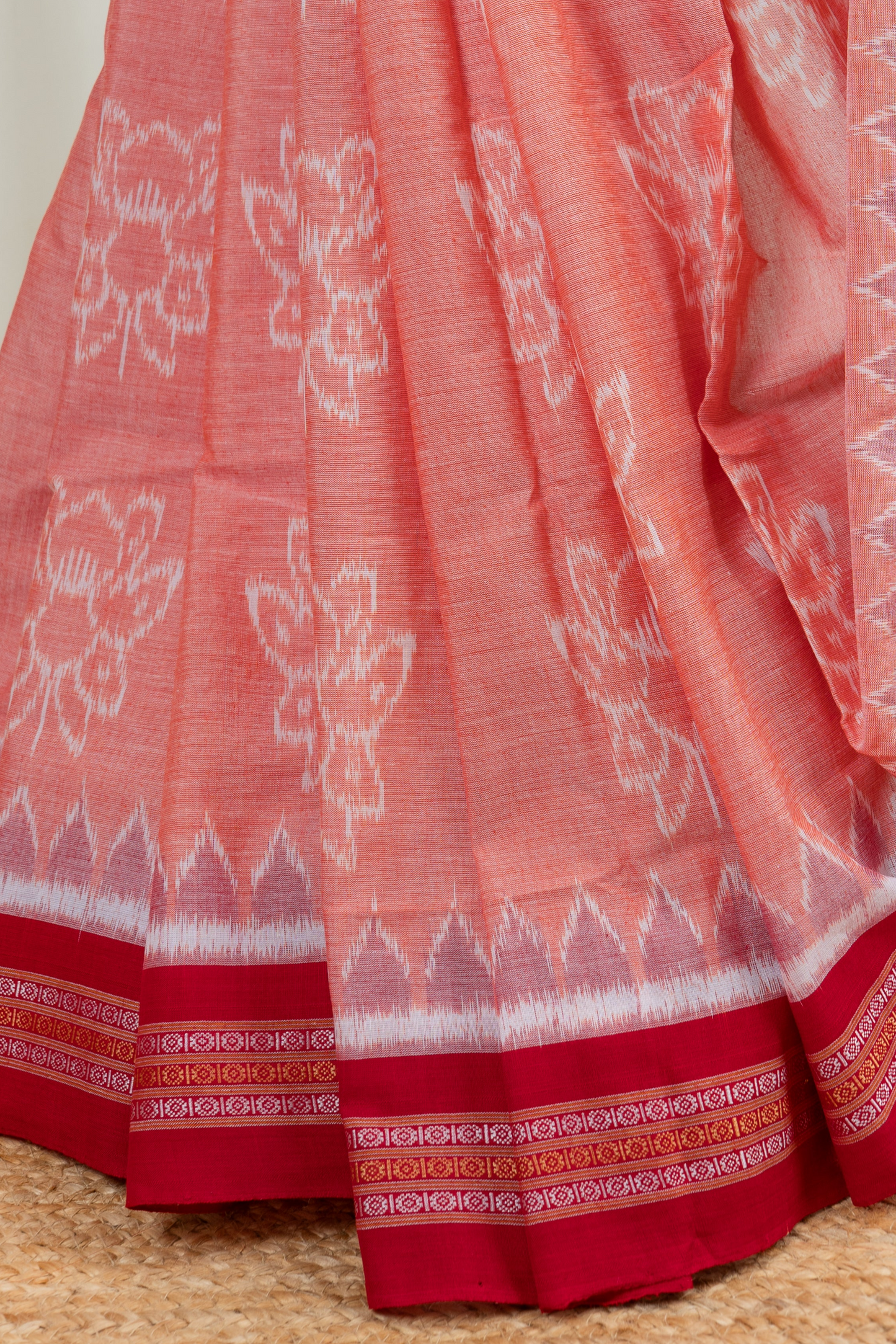 Odisha Ikkat Lotus Motif Cotton Saree- Peach and Red