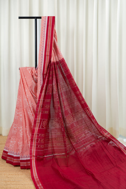 Odisha Ikkat Lotus Motif Cotton Saree- Peach and Red
