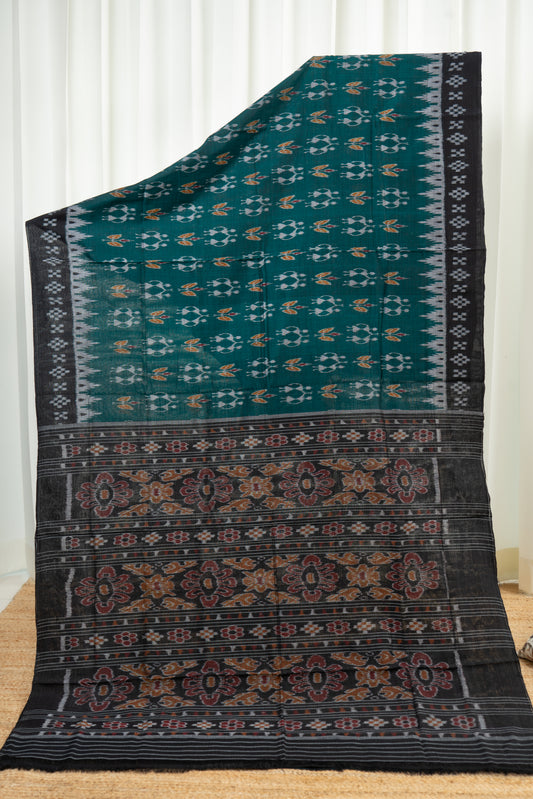 Odisha Ikkat Khandua Cotton Saree- Rama Green and Black