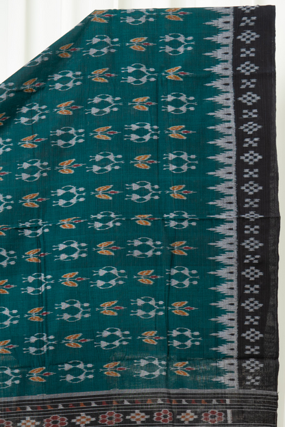 Odisha Ikkat Khandua Cotton Saree- Rama Green and Black