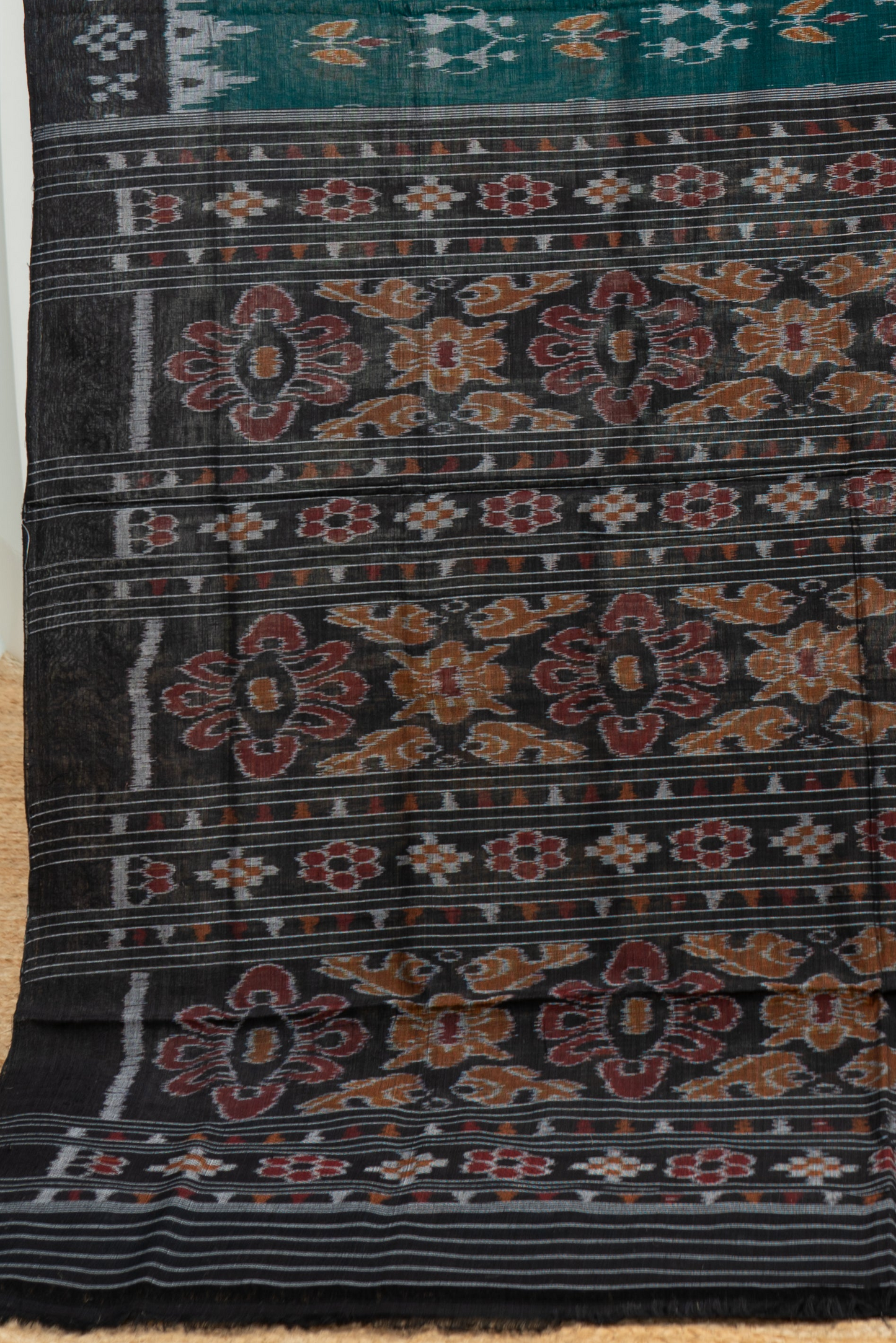 Odisha Ikkat Khandua Cotton Saree- Rama Green and Black