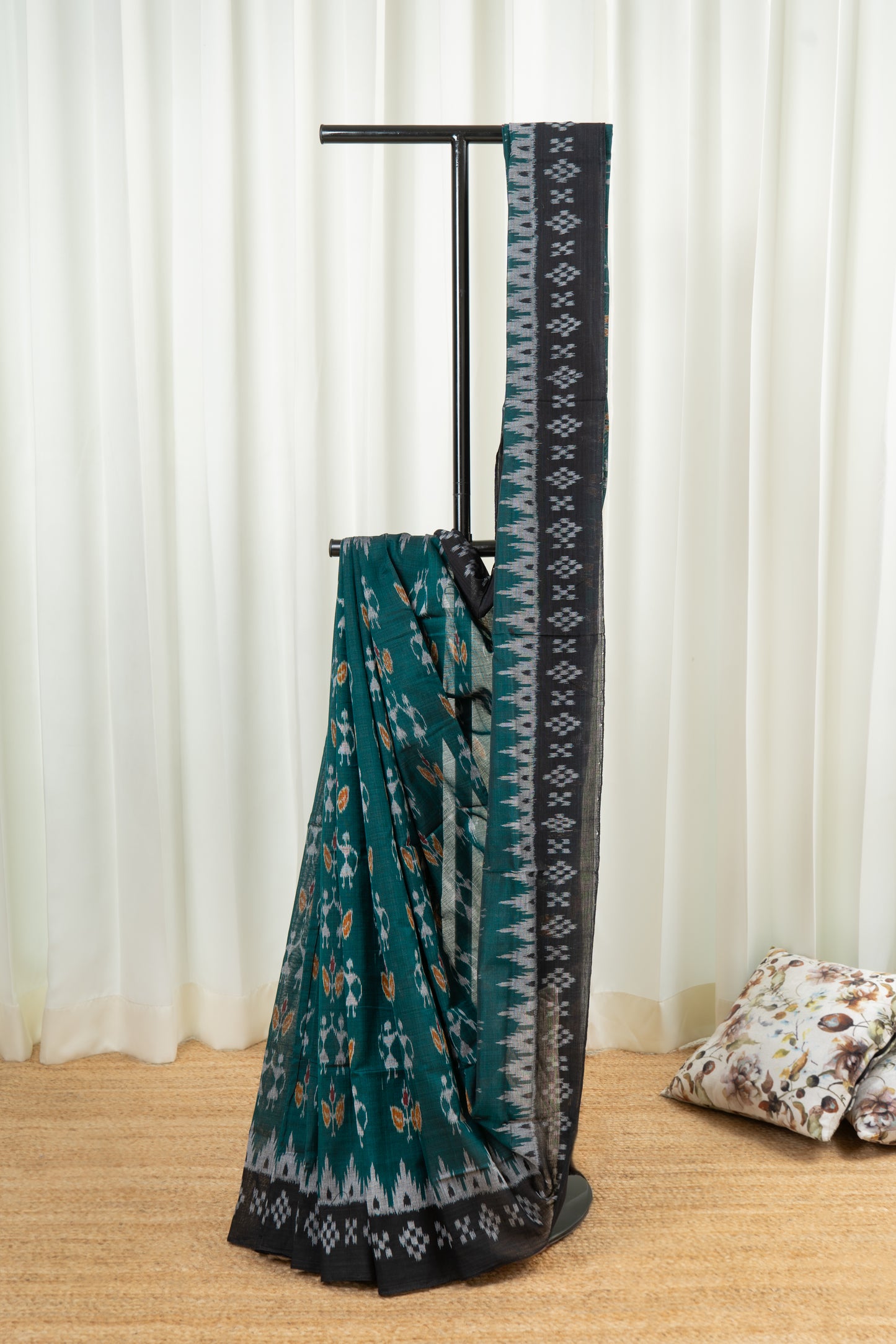 Odisha Ikkat Khandua Cotton Saree- Rama Green and Black
