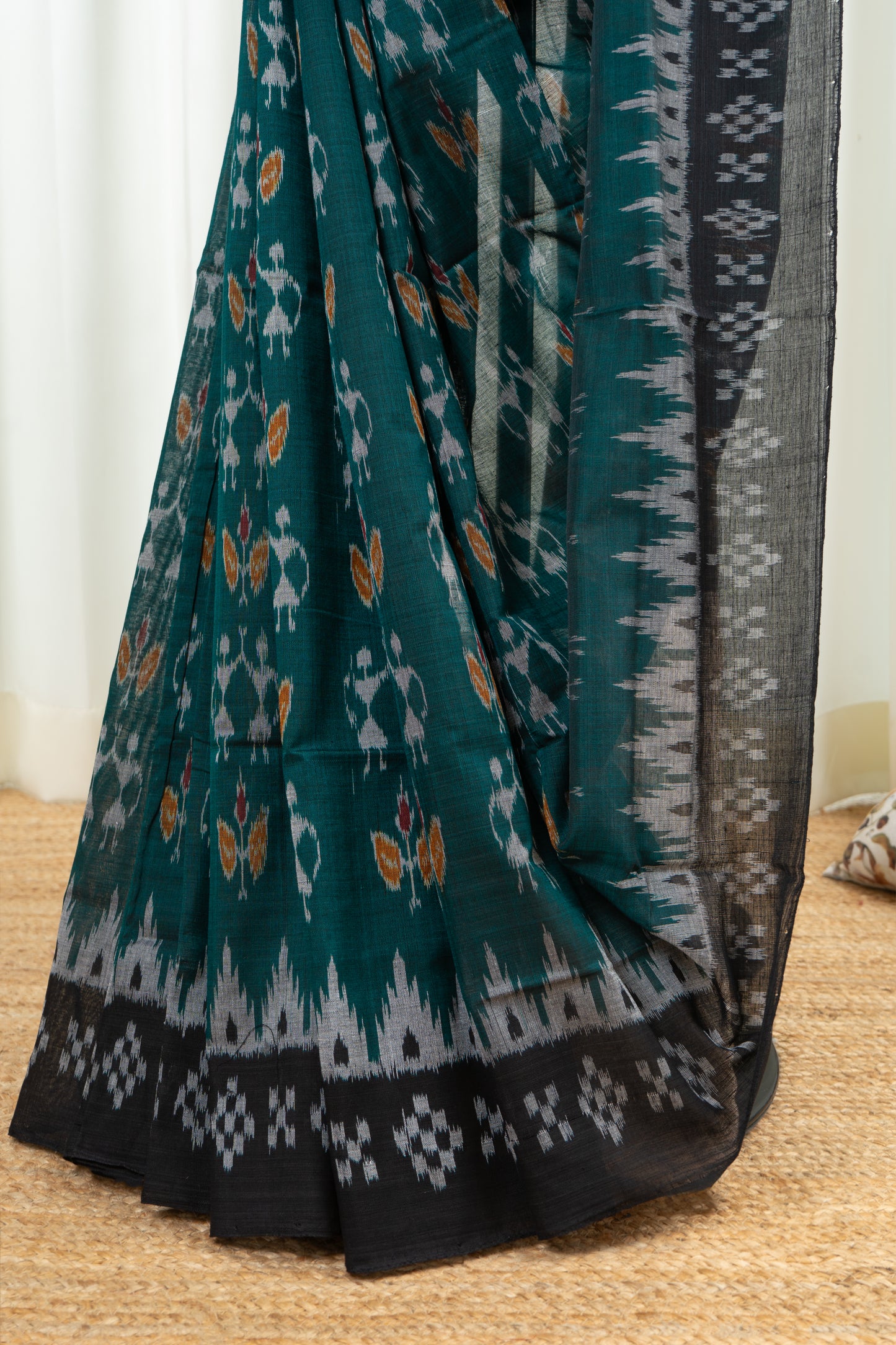 Odisha Ikkat Khandua Cotton Saree- Rama Green and Black