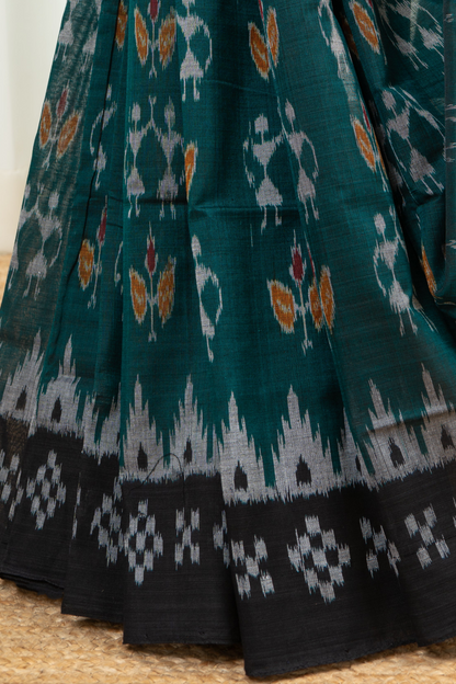 Odisha Ikkat Khandua Cotton Saree- Rama Green and Black