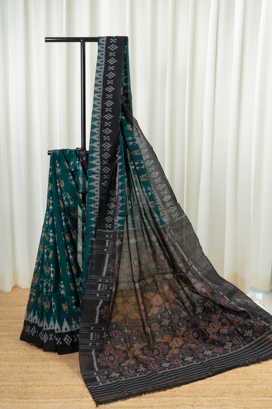 Odisha Ikkat Khandua Cotton Saree- Rama Green and Black