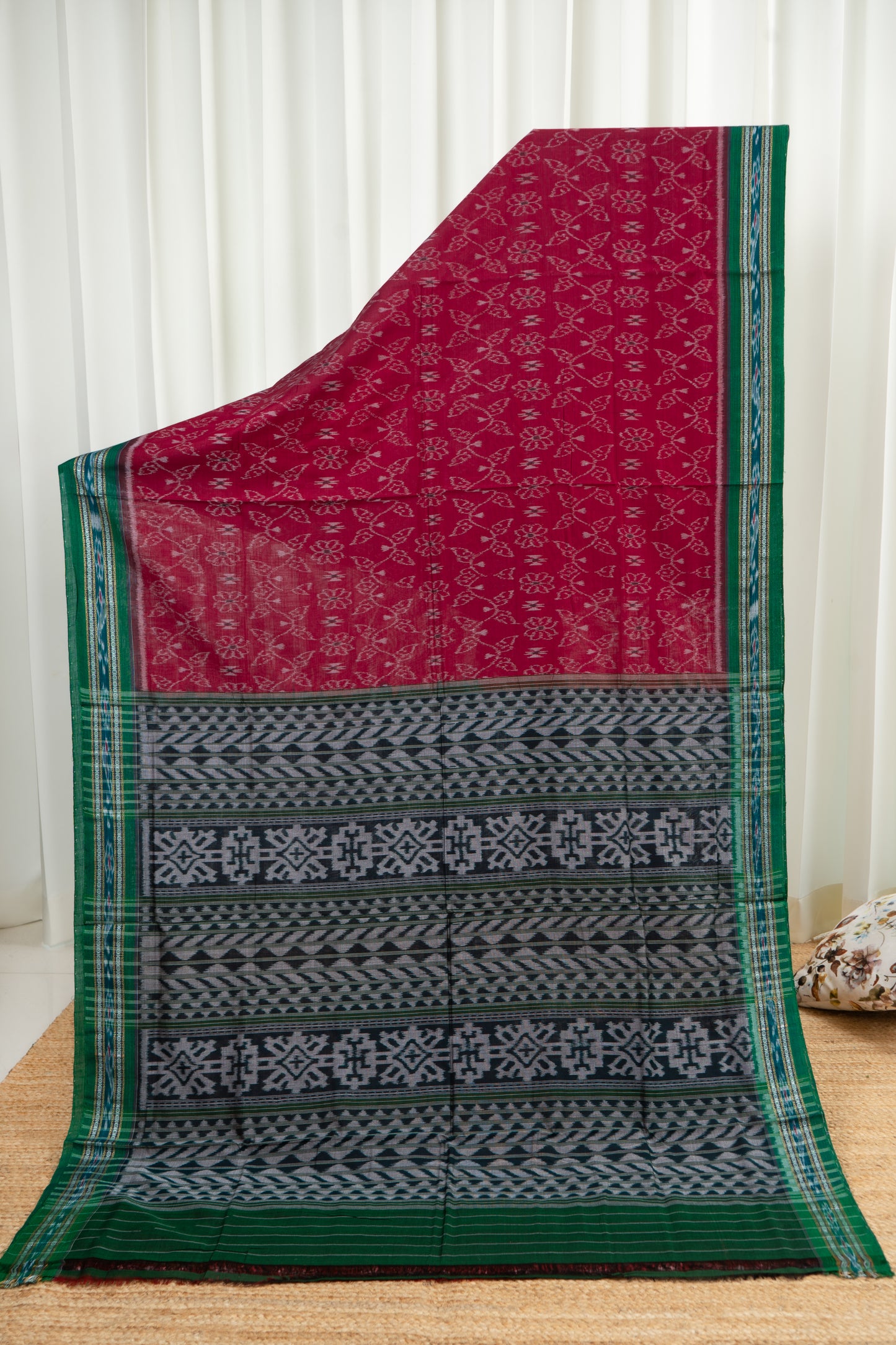 Odisha Ikkat  Cotton Saree- Red and Green
