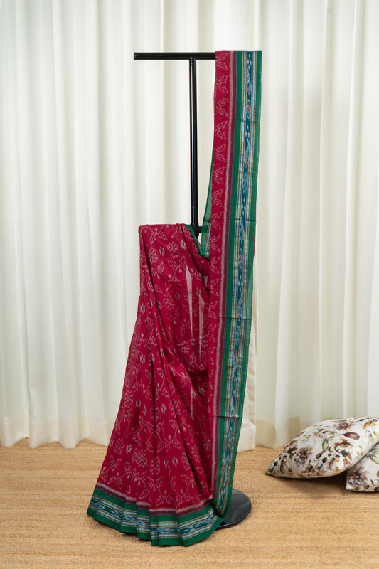 Odisha Ikkat  Cotton Saree- Red and Green