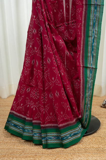Odisha Ikkat  Cotton Saree- Red and Green