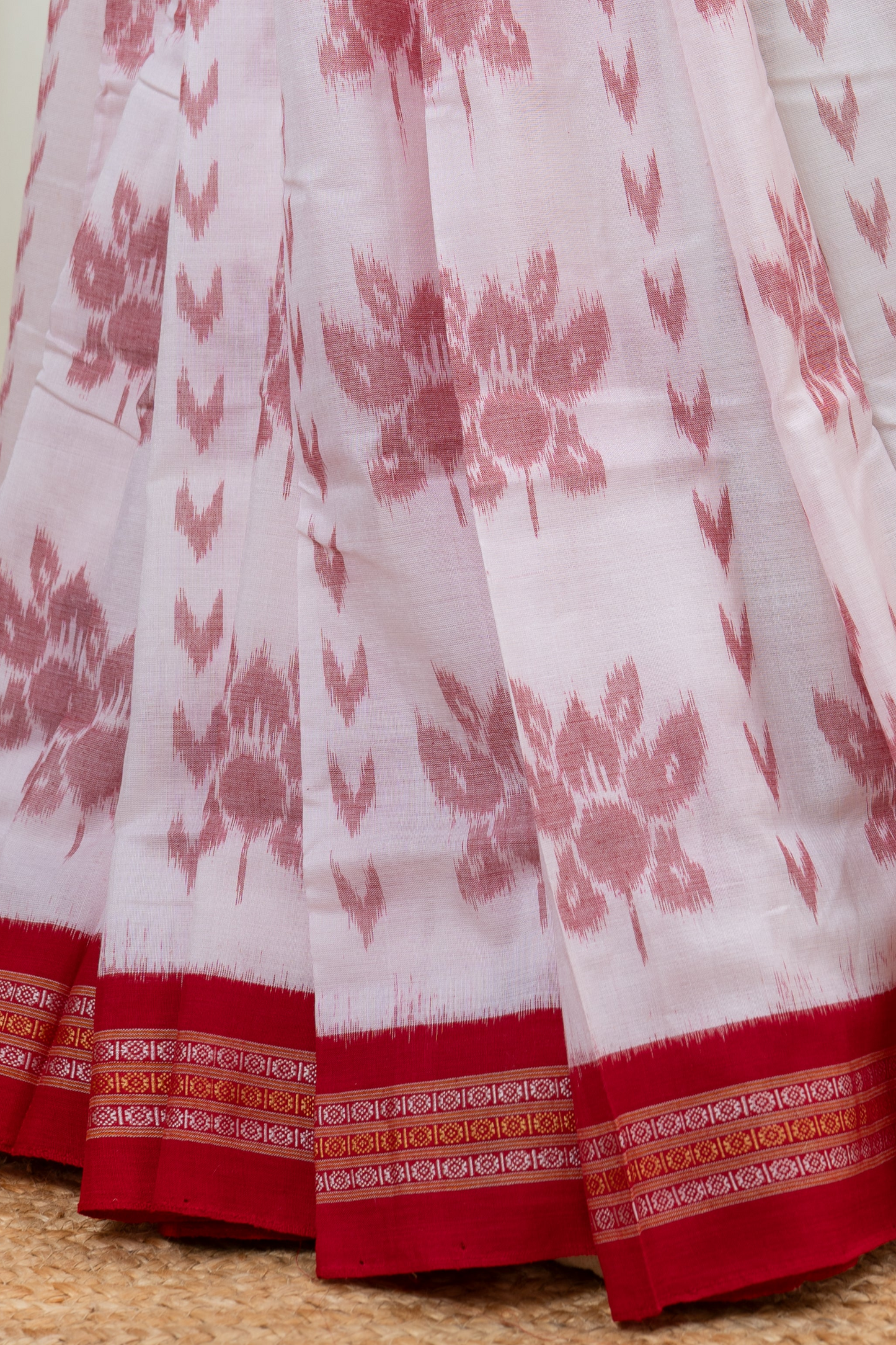 Exclusive Odisha Ikkat Khandua Cotton Saree - White Red
