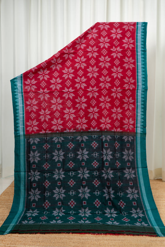 Odisha Ikkat Khandua Cotton Saree- Red and Rama Green