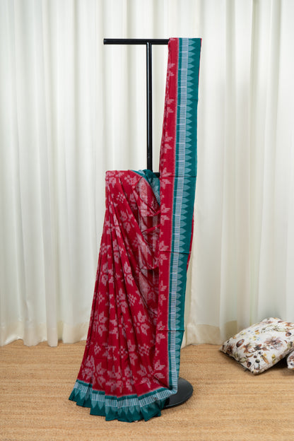 Odisha Ikkat Khandua Cotton Saree- Red and Rama Green