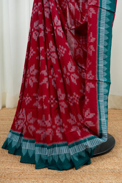Odisha Ikkat Khandua Cotton Saree- Red and Rama Green