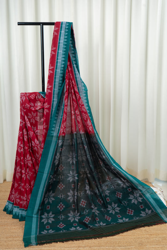 Odisha Ikkat Khandua Cotton Saree- Red and Rama Green