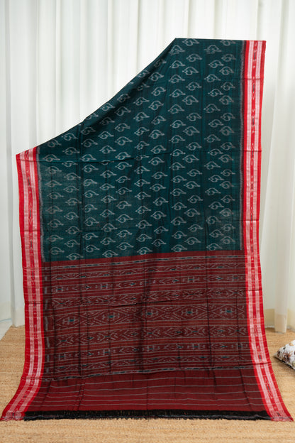 Odisha Ikkat Khandua Cotton Saree- Rama Green and Red