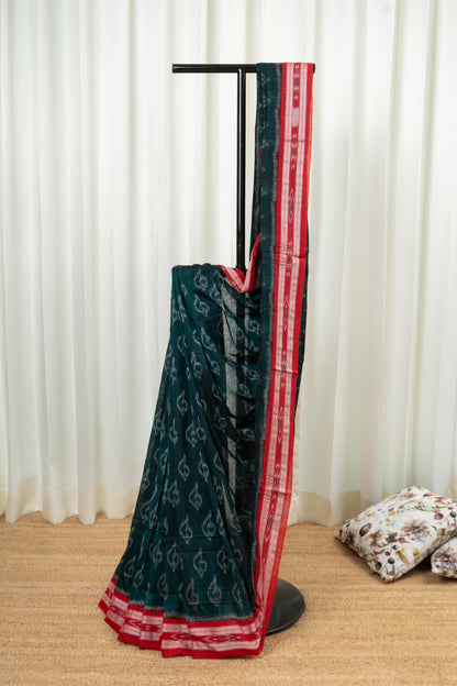 Odisha Ikkat Khandua Cotton Saree- Rama Green and Red