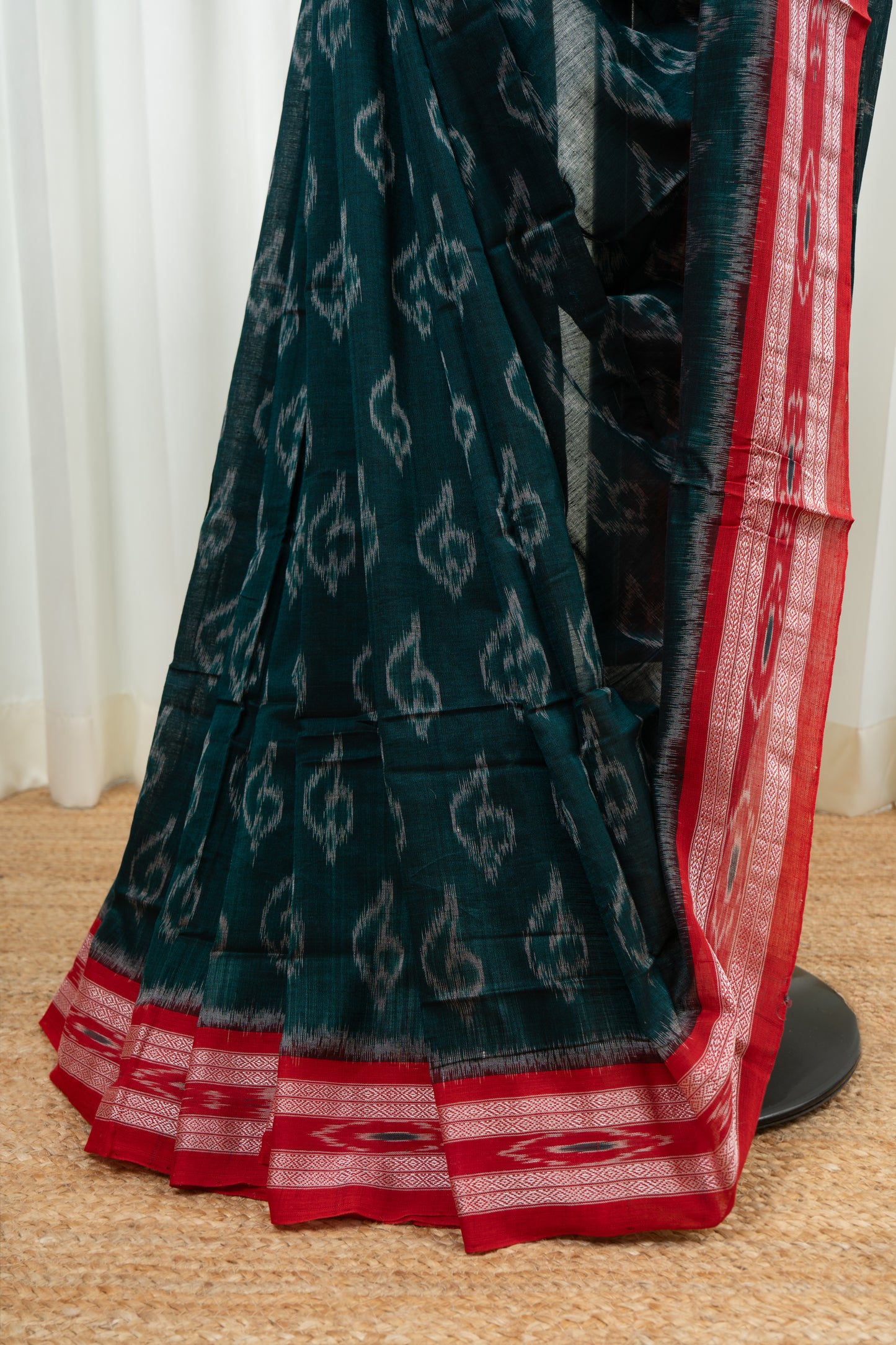 Odisha Ikkat Khandua Cotton Saree- Rama Green and Red