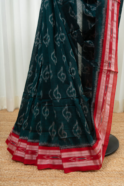 Odisha Ikkat Khandua Cotton Saree- Rama Green and Red