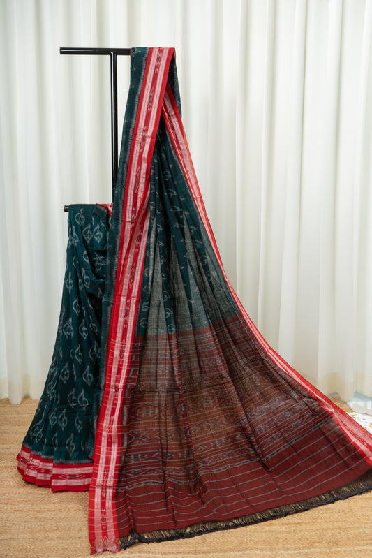 Odisha Ikkat Khandua Cotton Saree- Rama Green and Red