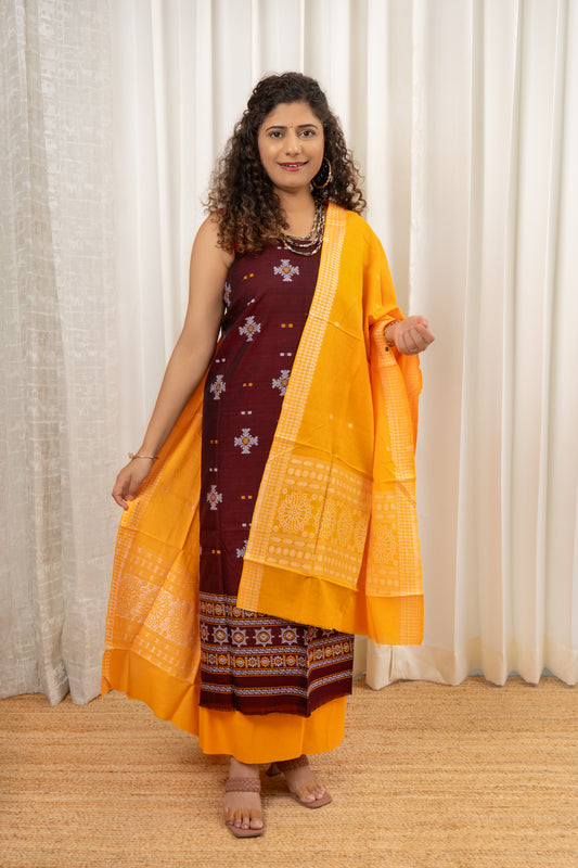 Pure Cotton Bomkei 3 Piece Dress Material-Deep Maroon