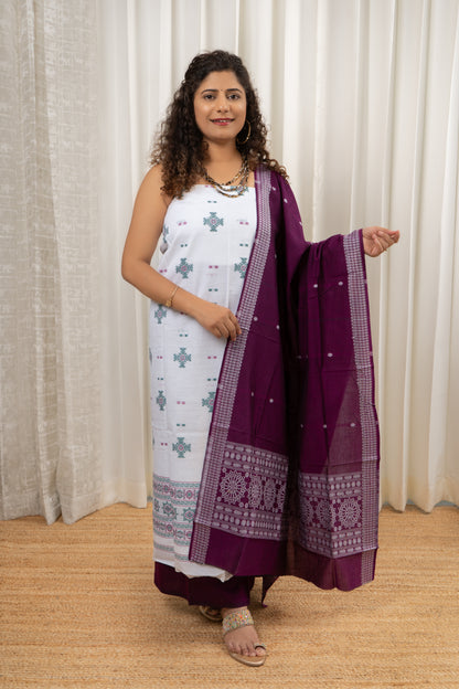 Pure Cotton Bomkei 3 Piece Dress Material -White