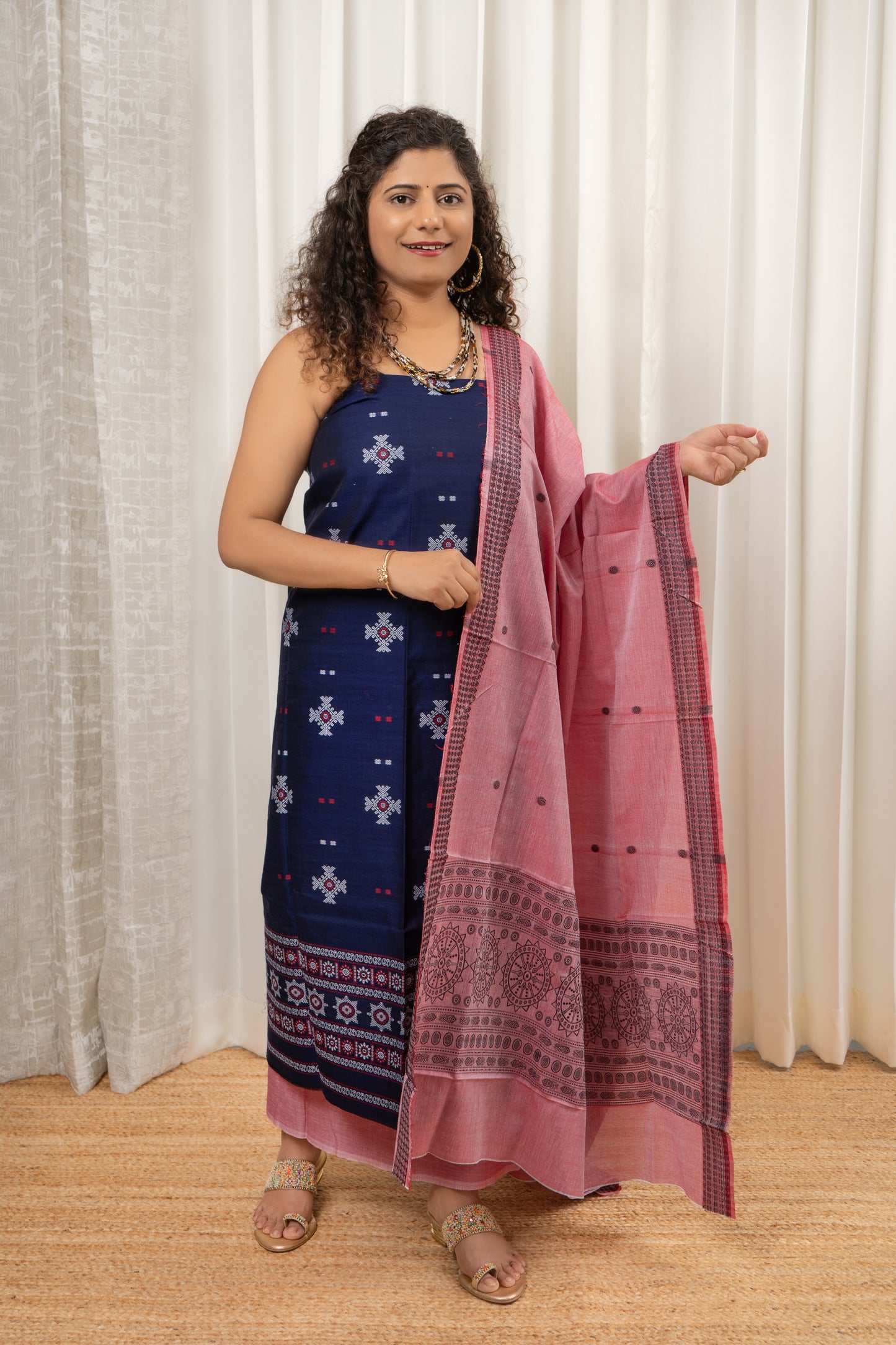 Pure Cotton Bomkei 3 Piece Dress Material-Navy