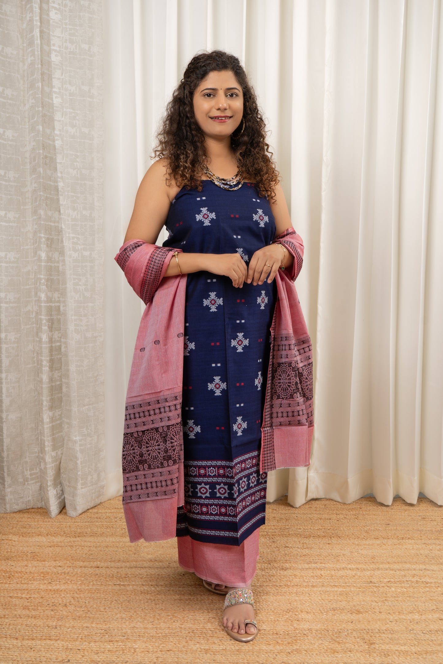 Pure Cotton Bomkei 3 Piece Dress Material-Navy