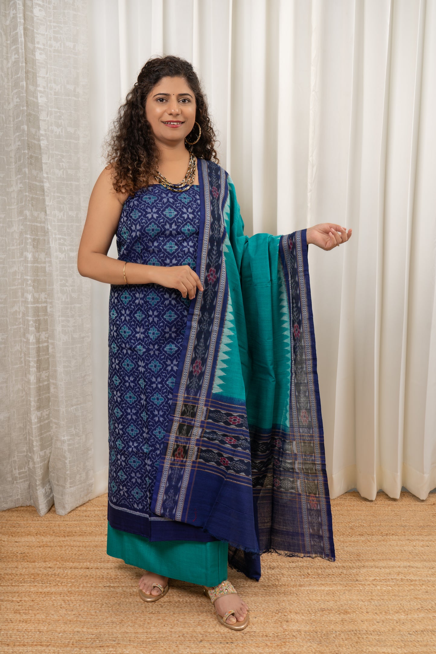 Pure Cotton Sambalpuri Ikkat 3 Piece Dress Material-Navy