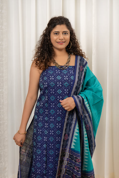 Pure Cotton Sambalpuri Ikkat 3 Piece Dress Material-Navy