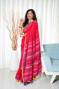 Kala Cotton Bhujodi Saree - Red