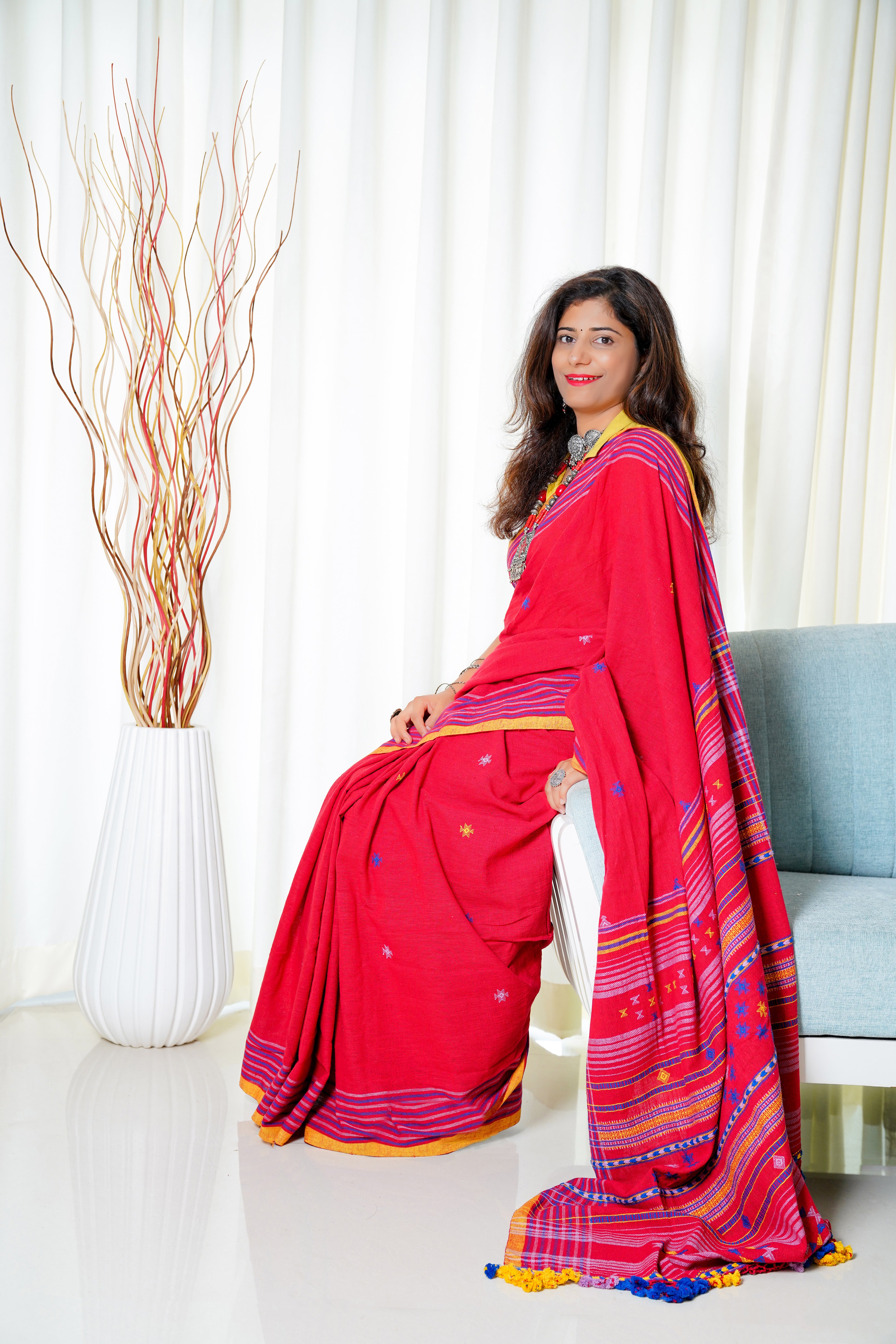 Kala Cotton Bhujodi Saree - Red