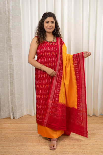 Pure Cotton Sambalpuri Ikkat 3 Piece Dress Material-Red