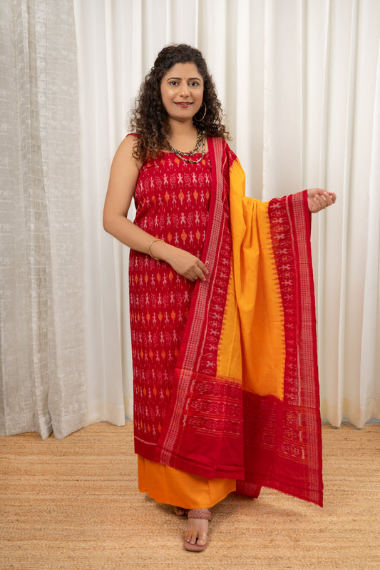 Pure Cotton Sambalpuri Ikkat 3 Piece Dress Material-Red