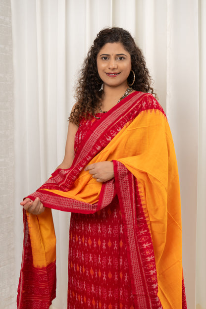 Pure Cotton Sambalpuri Ikkat 3 Piece Dress Material-Red