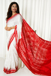 Ek Phulia Sambalpuri Ikkat Pure Silk Pata Saree- White and Red