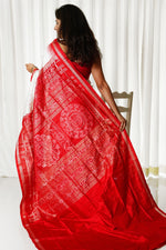 Load image into Gallery viewer, Ek Phulia Sambalpuri Ikkat Pure Silk Pata Saree- White and Red
