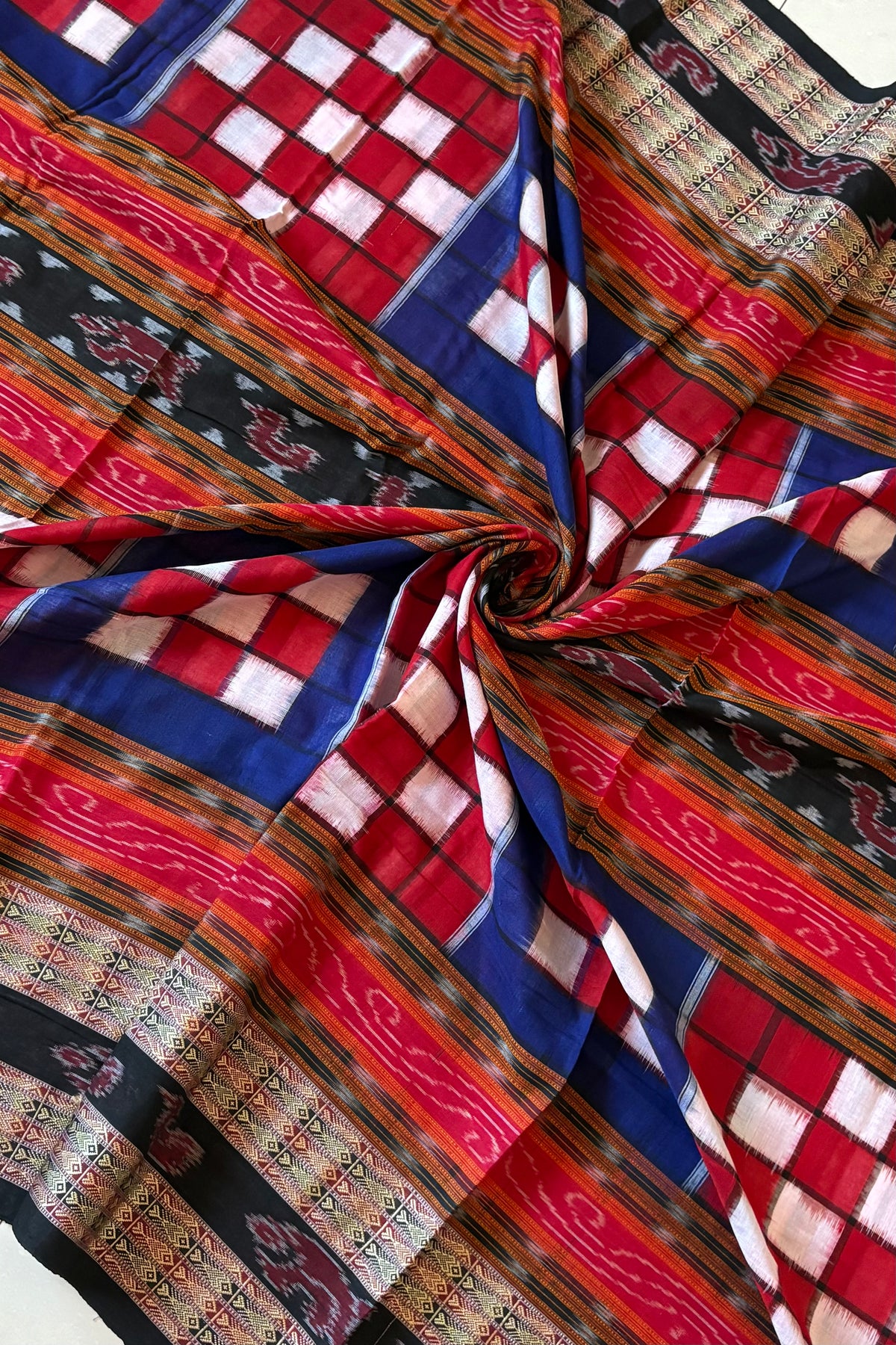 Sambalpuri Bichitrapuri Pure Cotton Saree: Blue, Red & Black