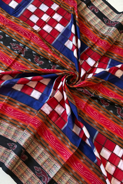 Sambalpuri Bichitrapuri Pure Cotton Saree: Blue, Red & Black