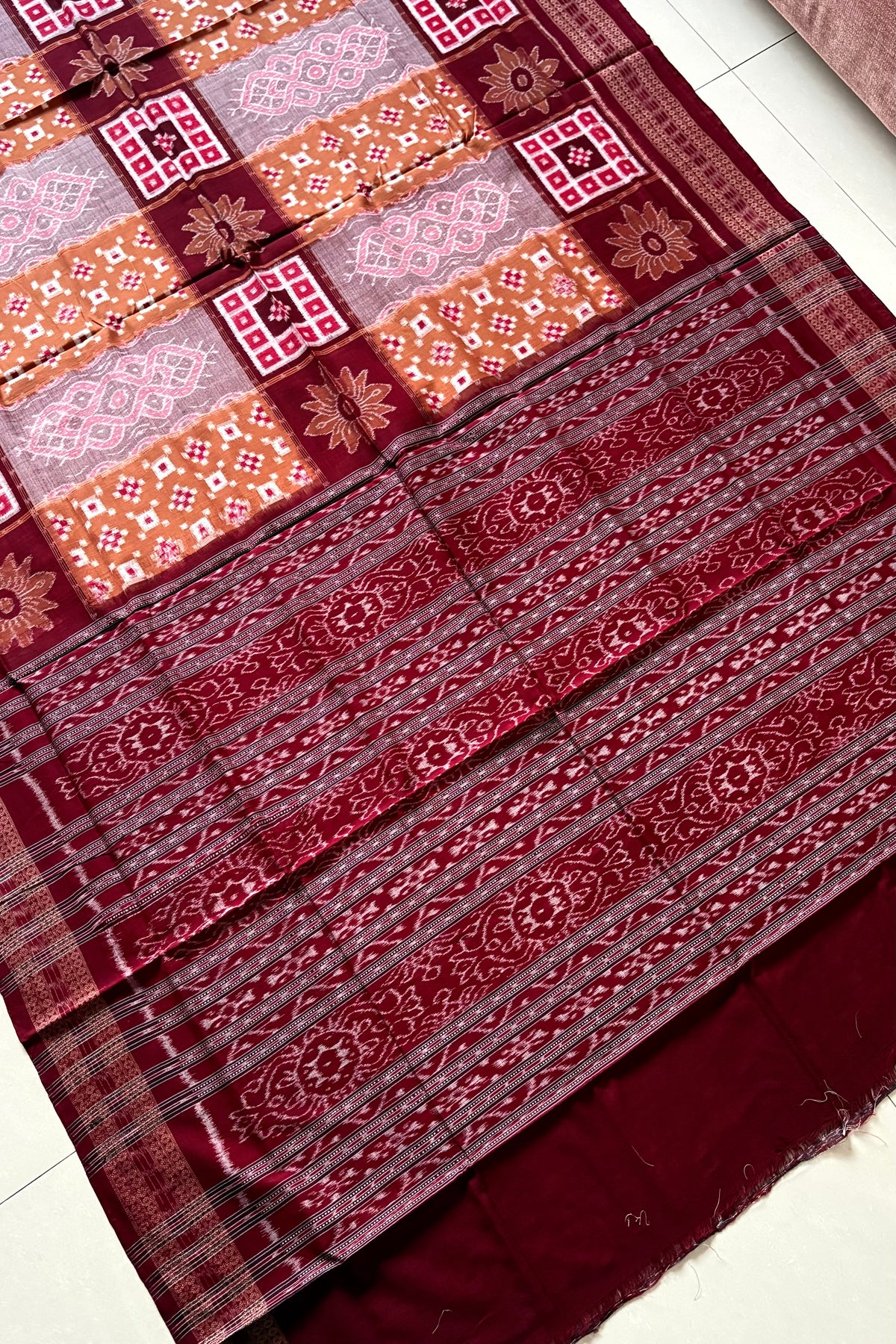 Sambalpuri Pure Cotton Saree - Brown & Maroon
