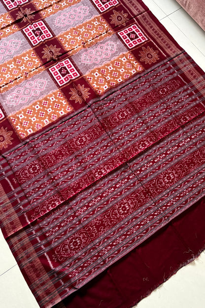 Sambalpuri Pure Cotton Saree - Brown & Maroon