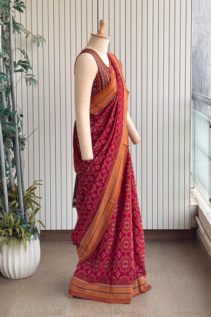 Odisha Ikkat Khandua Cotton Saree - Maroon-Brown