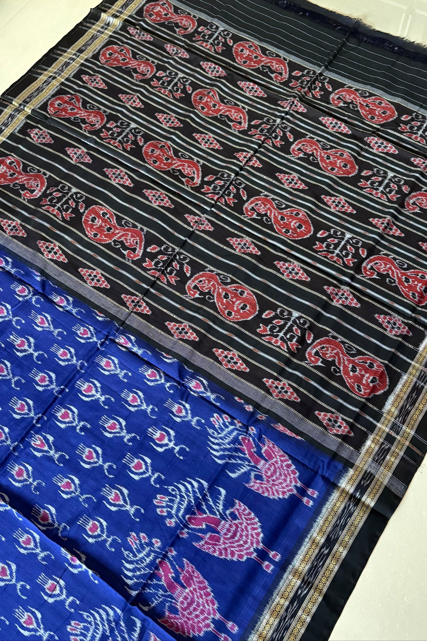Odisha Ikkat Khandua Cotton Saree- Navy Blue