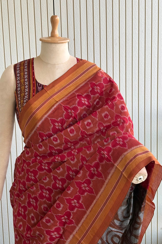 Odisha Ikkat Khandua Cotton Saree - Maroon-Brown