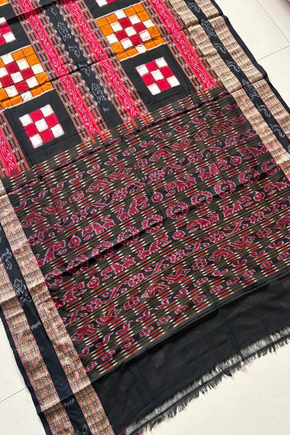 Sambalpuri Bichitrapuri Pure Cotton Saree: Black, Red & Orange